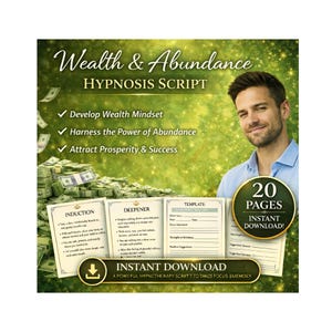 May include: A digital download titled "Wealth & Abundance Hypnosis Script" with a green and gold design. The image includes text about developing a wealth mindset, attracting prosperity, and a man smiling. It is 20 pages and available for instant download.