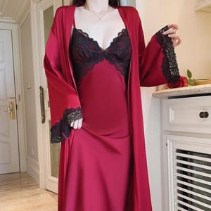 Ensemble peignoir et chemise de nuit en satin de luxe - Lingerie élégante pour femme, robe longue en dentelle, cadeau d&#39;été pour vêtements de nuit confortables, vêtements de nuit romantiques