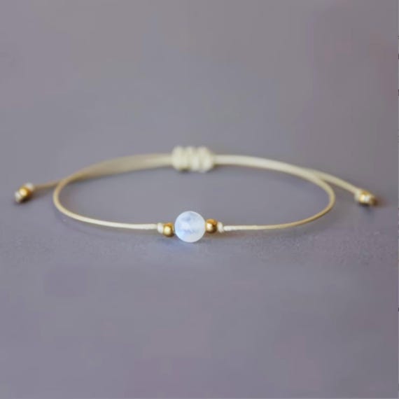Natural Moonstone Bracelet, Minimalist Jewelry, Adjustable Dainty Cord, Birthstone Bracelet