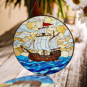 Vintage Sailing Ship Stained Glass Suncatcher Nautical Window Decor Gift for Dad Fathers Day