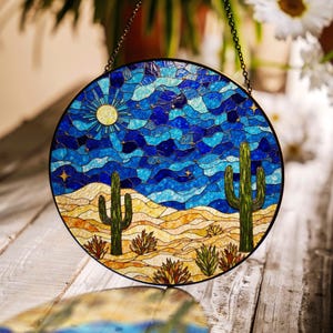 Desert Cactus Landscape Round Window Suncatcher Gift for Nature Lovers and Southwest Decor Fans