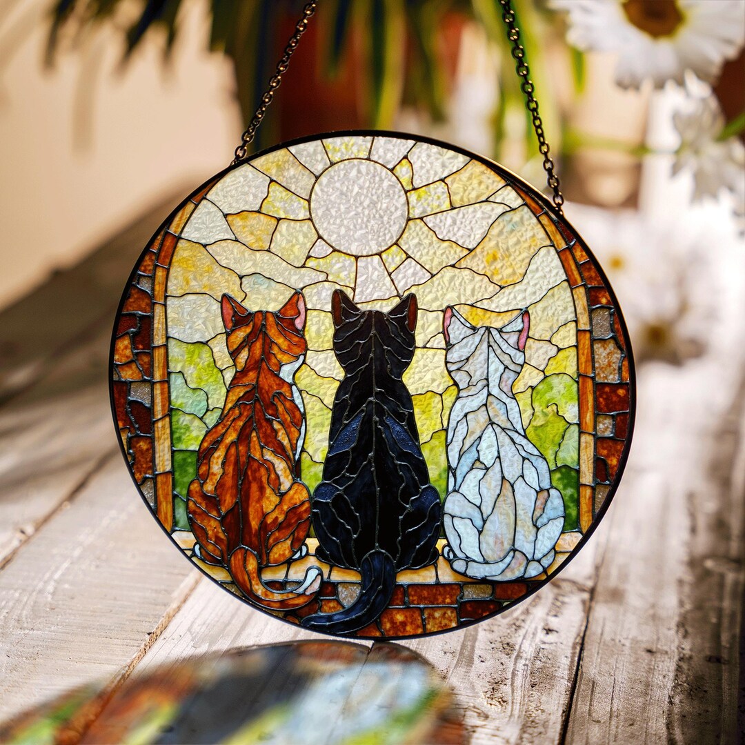 Stained Glass Cats Suncatcher Window Hanging Gift for Cat Lovers Home ...