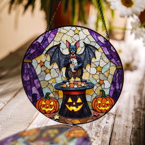 Suncatcher stained glass bat with pumpkins Halloween gift