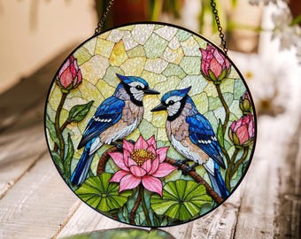 Blue Jays on Lotus Stained Glass Window Hanging Bird Suncatcher Gift for Nature Lovers