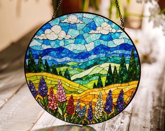 Mountain Landscape Stained Glass Suncatcher with Wildflowers – Nature Art Gift for Garden Lovers