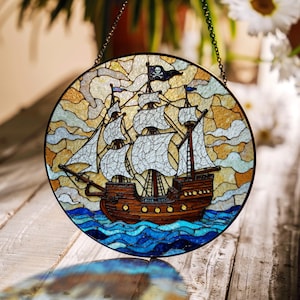 Suncatcher stained glass pirate ship sailing ocean nautical decor gift for dad fathers day gift