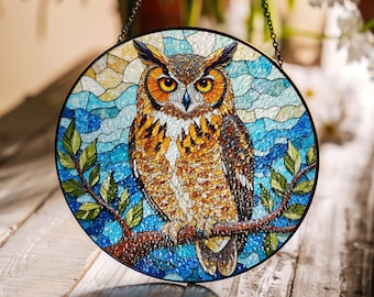 Stained Glass Owl Suncatcher with Colorful Details Handmade Gift for Owl Lovers