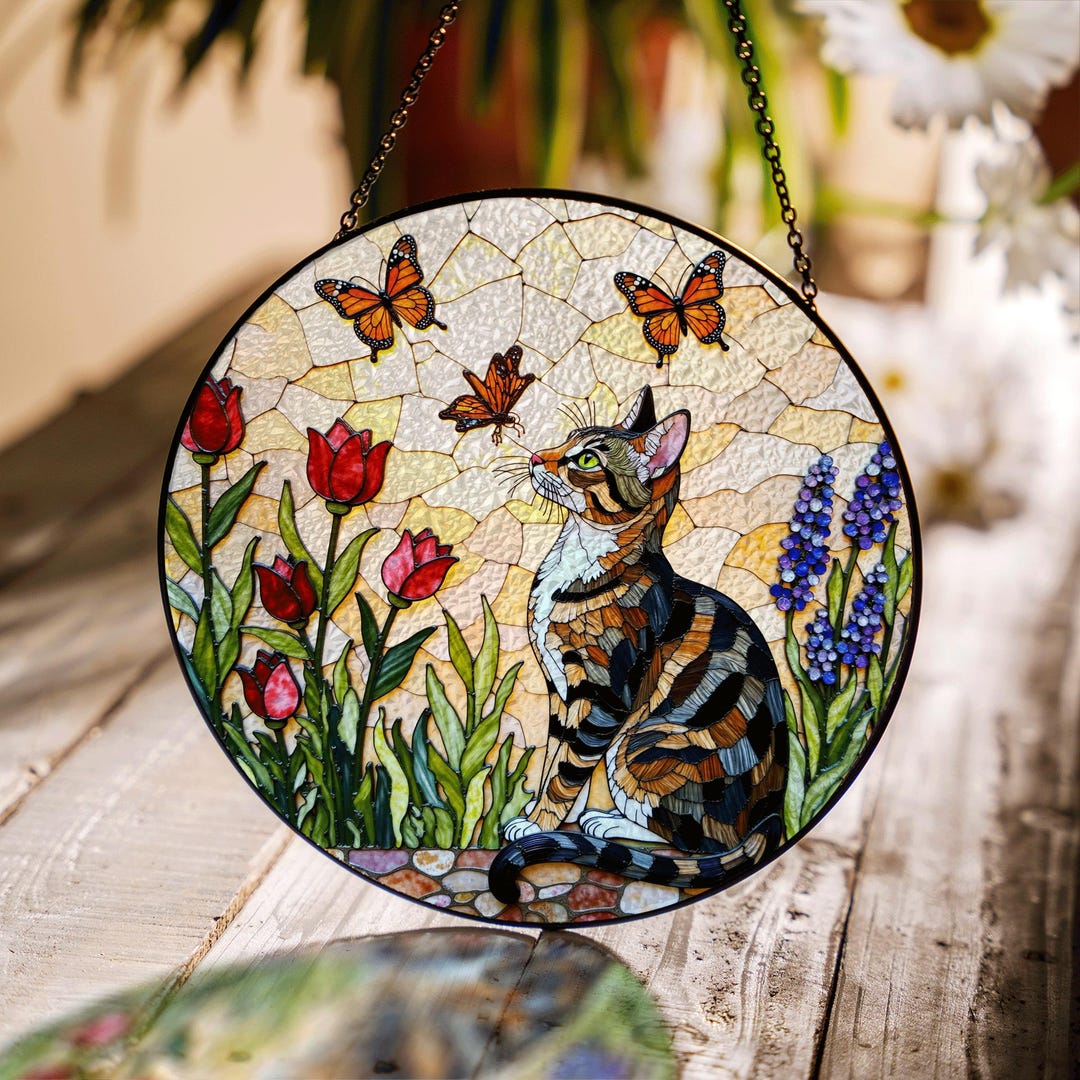 Tabby Cat With Butterflies Floral Glass Art Suncatcher Window Hanging ...