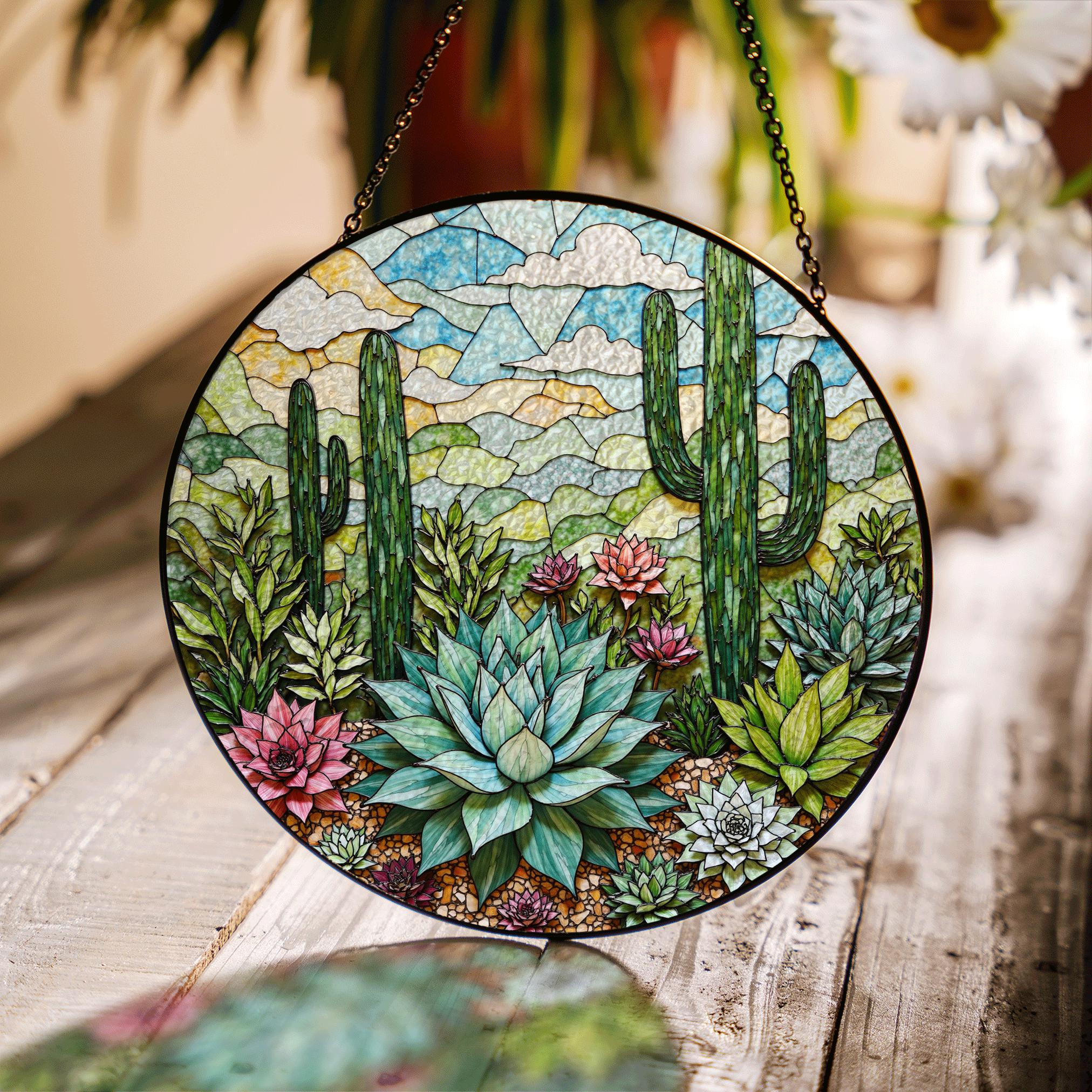Acchiappasole in vetro colorato Cactus, Decorazione per finestre, Decorazione in vetro colorato, Amante dei cactus, Arte in vetro colorato, Pittura su vetro, Decorazione in cactus - Italia