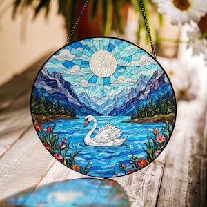 white swan on mountain lake stained glass suncatcher gift for mother