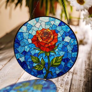 red rose on blue mosaic background stained glass suncatcher for nature art gift for mom