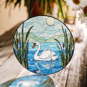 Elegant swan on lake stained glass round suncatcher window decor gift for mother birthday