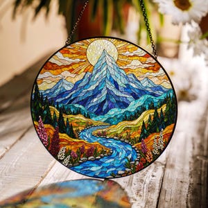 Hand Painted Mountain River Suncatcher Vibrant Landscape Stained Glass Window Decor Gift for Nature Lover