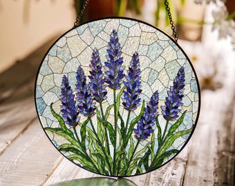 Lavender field floral stained glass window suncatcher handmade botanical decor gift for mom