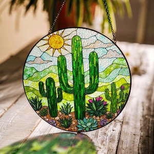 Cactus Suncatcher Stained Glass Window Hanging Desert Decor Gift for Plant Lovers