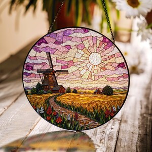windmill field path scenery stained glass style suncatcher handmade window decor gift for mom