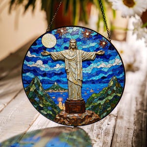 Christ the Redeemer stained glass suncatcher Rio de Janeiro decor Christian gift for Easter or Christmas