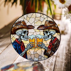 Skeleton cowboys toasting beer stained glass suncatcher western window decor gift for husband