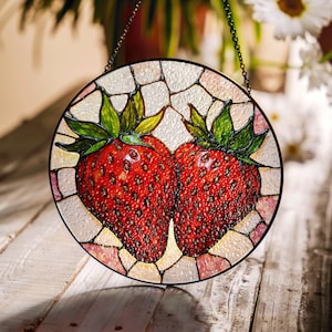 Strawberry Stained Glass Suncatcher Handmade Gift for Fruit Lovers Window Decor