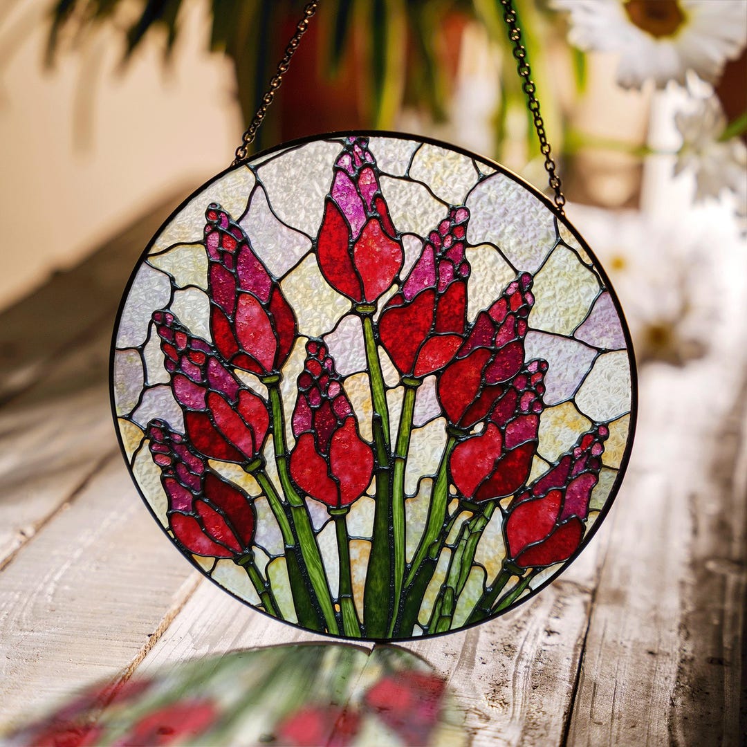 Red Tulip Flower Stained Glass Round Suncatcher Window Hanging Gift for ...
