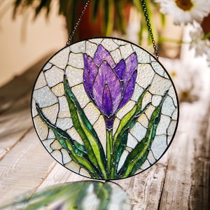 purple tulip flower stained glass window hanging floral suncatcher gift for garden lover