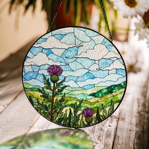 Scottish thistle hill view round stained glass suncatcher window decor gift for mother nature lover