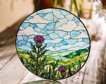 Scottish thistle hill view round stained glass suncatcher window decor gift for mother nature lover