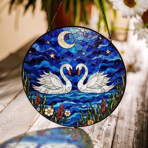 Romantic Swan Night Lake Suncatcher Stained Glass Window Hanging Gift for Anniversary Wedding Couple