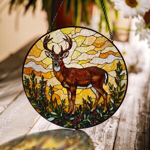 Majestic deer forest art suncatcher rustic stained glass decor woodland Christmas gift for dad
