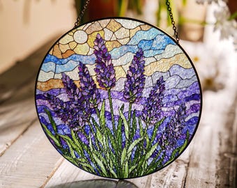 Lavender Stained Glass Suncatcher Purple Floral Window Decor Gift for Nature Lovers