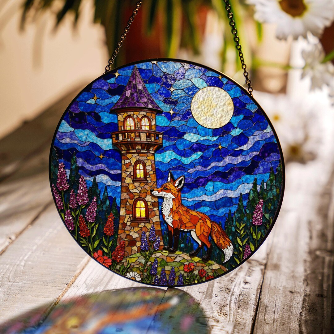 Window Howling Fox Howling at Moon Tower Fantasy Art Suncatcher Stained Glass Window ...