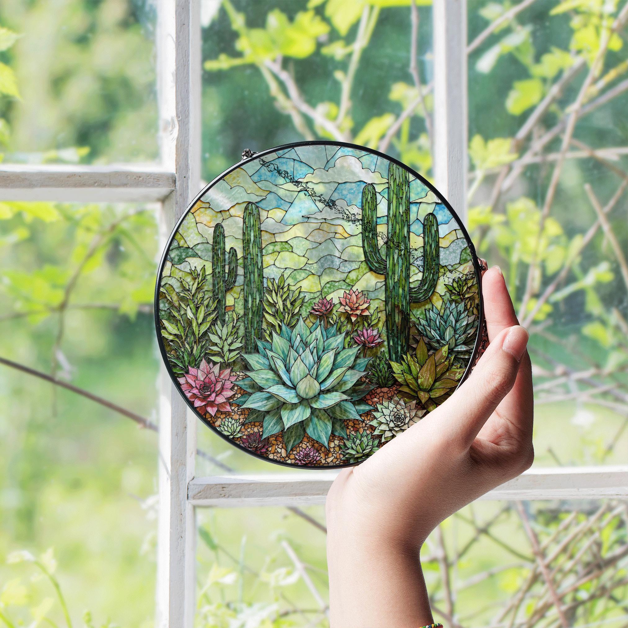 Cactus Succulento Vetro Colorato Acchiappasole Finestra Appeso Natura Pianta del Deserto Regalo per gli Amanti del Giardino - Italia