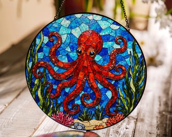 Octopus: Stained Glass Style Window Hanging Made With Real Glass