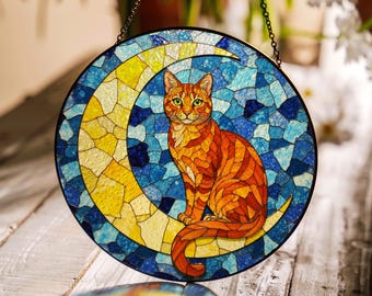Orange Tabby Cat on Moon Suncatcher – Stained Glass Style Window Decor