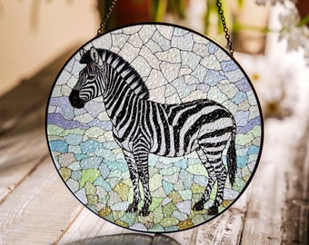 シマウマのステンドグラスサンキャッチャー　ユニークなモザイクアート　動物好きへの贈り物　ホームデコレーション