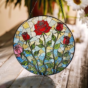 Stained Glass Rose Suncatcher Beautiful Rose Window Decor Gift for Mom
