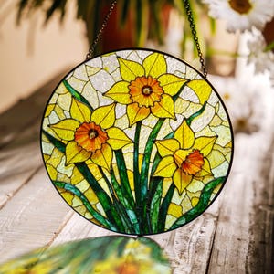 Yellow Daffodil Flower Stained Glass Round Suncatcher Hanging Window Gift For Grandma
