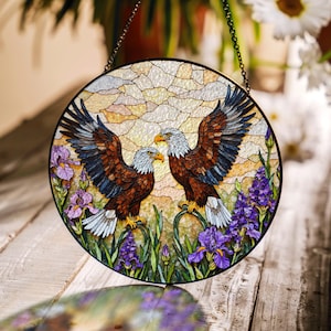 two bald eagles in flight stained glass style suncatcher gift for dad or nature lover