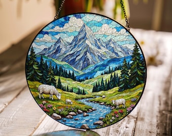 Mountain Landscape Suncatcher Stained Glass Window Hanging Gift for Nature Lovers