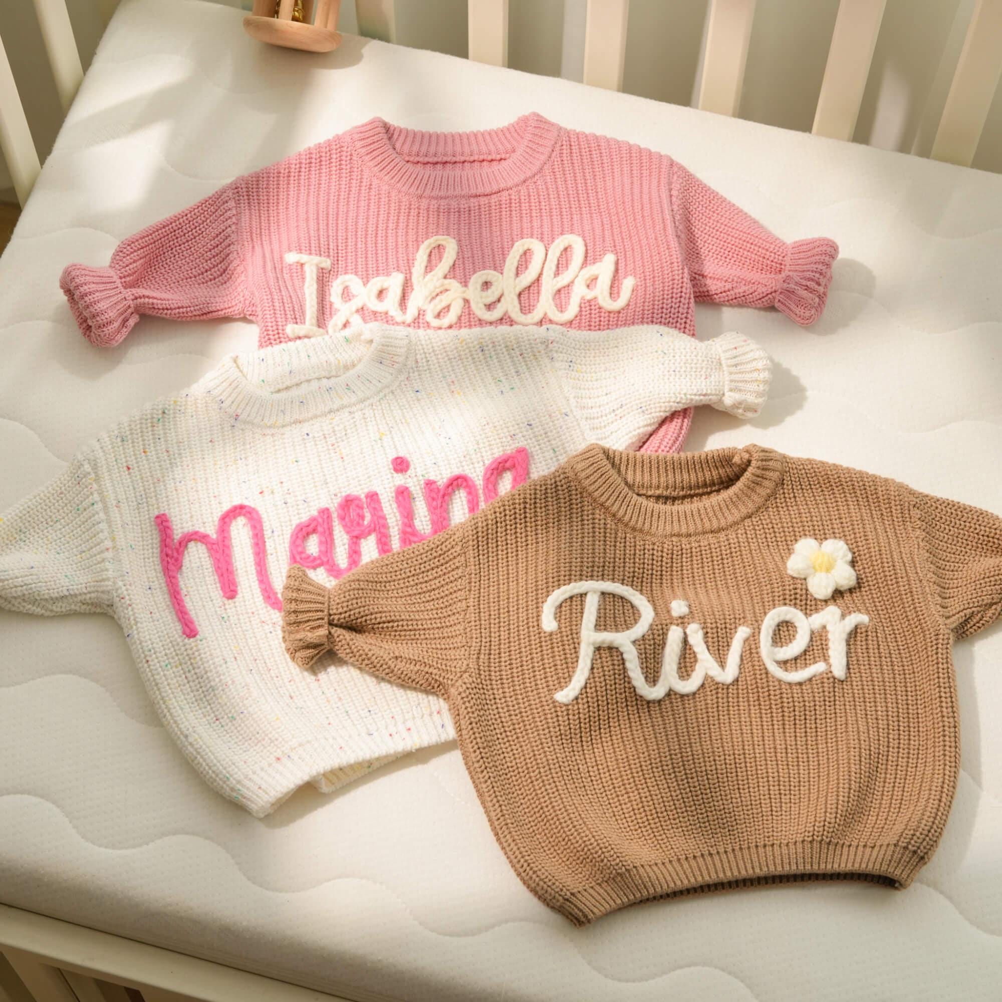 Custom Baby Name First Jumper Hand Embroidered,Baby Knit Sweater,Custom Grandkids Letter Name Pullover,Shower Gift to Newborn