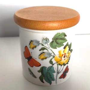 1970er Jahre Vintage Portmeirion Keramik - The Botanic Garden - Gossypium Barbadense - Mini Glas / Kanister mit Holzdeckel