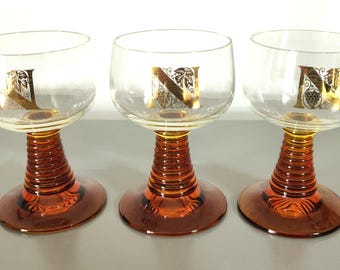 3er Set Vintage Bernsteinfarbene Römergläser | Hergestellt in Deutschland (ID:S)