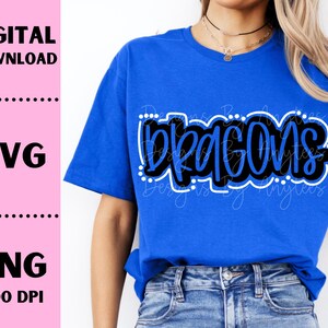 May include: A blue t-shirt with the word "DRAGONS" in black and white lettering.