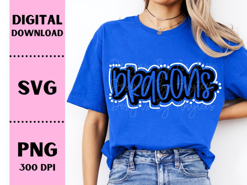 May include: A blue t-shirt with the word "DRAGONS" in black and white lettering.