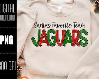 May include: A beige sweatshirt with the text "Santa's Favorite Team Jaguars" in green and red letters.