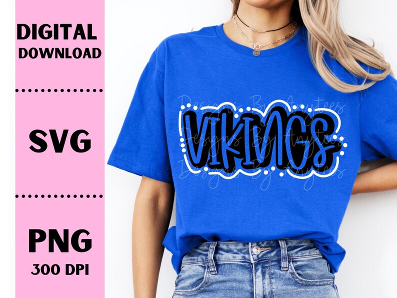 May include: A blue t-shirt with the word "VIKINGS" in black and white lettering. The lettering is outlined in white and has white dots around it.