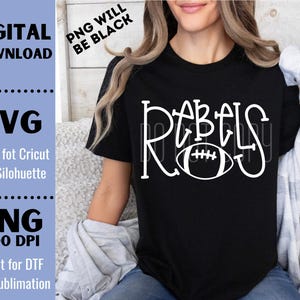 May include: A black t-shirt with a white graphic design that says "R-A-B-E-L-S" with a football in the middle of the word.