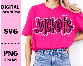 Könnte beinhalten: Ein leuchtend pinkfarbenes T-Shirt mit dem Wort "Jackets" in schwarzer, blasenartiger Schrift, weiß umrandet. Das Shirt zeigt auch "Designs by Angiees" in Weiß. Auf der linken Seite stehen "DIGITAL DOWNLOAD", "SVG" und "PNG 300 DPI".