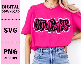 May include: A pink t-shirt with the word "Cougar" in black outlined in white with white polka dots around the word.