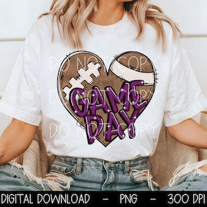 ゲームデーPNG、フットボールPNG、ゲームデーデジタルダウンロード、ゲームデーバイオレットとホワイト、Dtfと昇華用のPNGデザイン、フットボールハートPNG